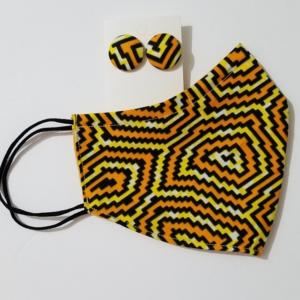 Hand Crafted Face Mask & Earrings Ankara African Print Cotton Yellow Black Adult
